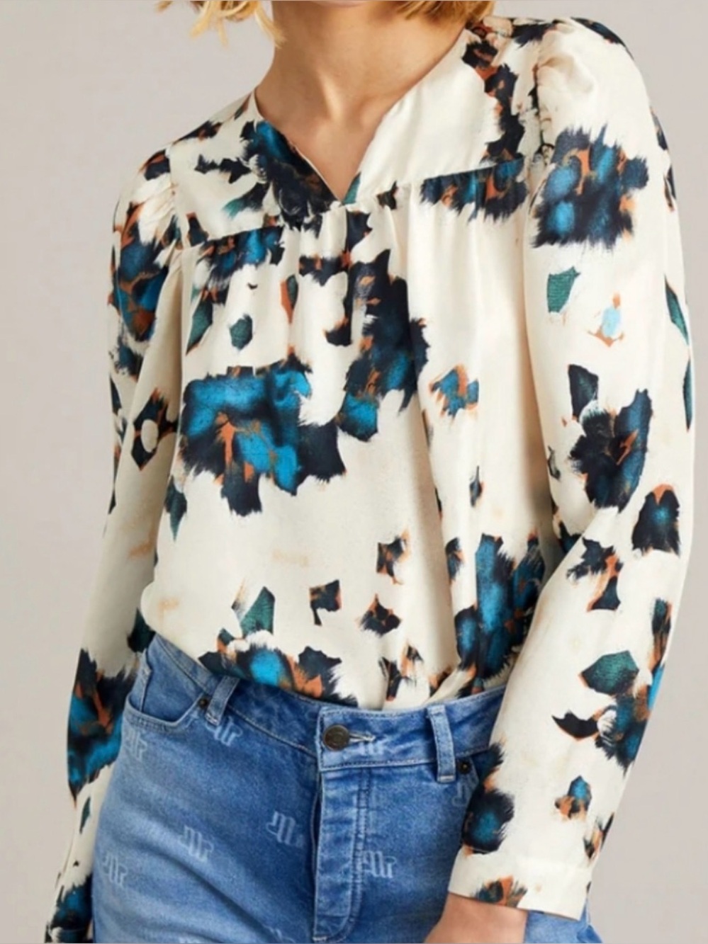 Munthe Cream Floral-Print Long Sleeve Blouse with Teal & Black Accents